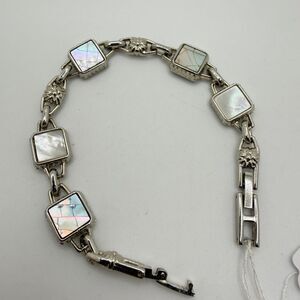SALE! Up to 7.5" silver toned, and mother of pearl square design bracelet!